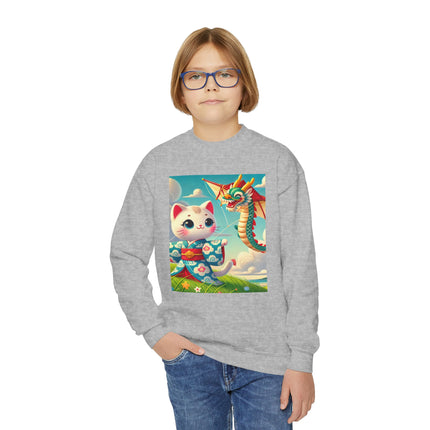 Geisha Kitten and the Dragon Kite Youth Crewneck Sweatshirt – Freedom, Motion & Playful Spirit
