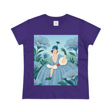 💙🌼 The Blue Blossom Garden Belle Cotton Tee – Art Deco Floral Whimsy