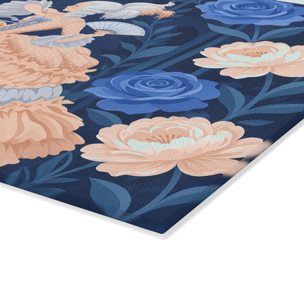 🌙🌹 The Lady Of The Moonlit Blue Rose Garden Glass Cutting Board – Art Deco Floral Elegance