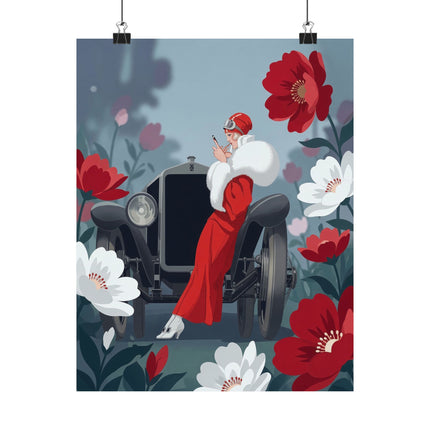 ❤️🚘 The Lady Of The Red Roadster Matte Vertical Poster – Art Deco Motoring Elegance