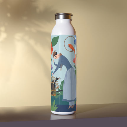 🌺🦜 The Lady Of The Garden Aviary Slim Water Bottle – Art Deco Botanical Whimsy