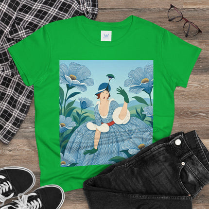 💙🌼 The Blue Blossom Garden Belle Cotton Tee – Art Deco Floral Whimsy