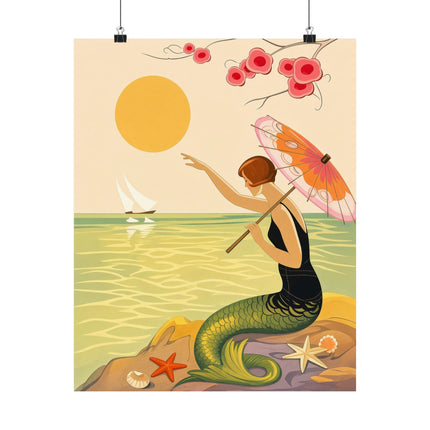 🧜‍♀️🌸 The Lady Of The Seaside Parasol Matte Vertical Poster – Art Deco Mermaid Fantasy