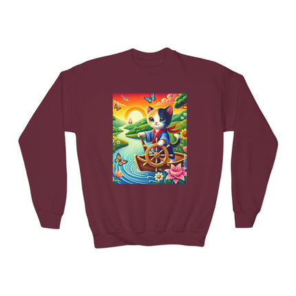 Sailor Kitten’s River Adventure Youth Crewneck Sweatshirt – Exploration, Joy & Storybook Adventure