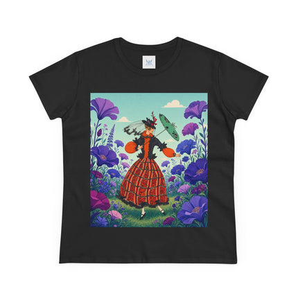 🌺✨ The Enchanted Flower Promenade Cotton Tee – Art Deco Fashion Whimsy