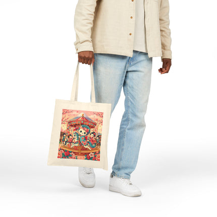 Geisha Kitten's Enchanted Carousel Ride Cotton Canvas Tote Bag – Whimsical Dreams & Cherry Blossom Magic