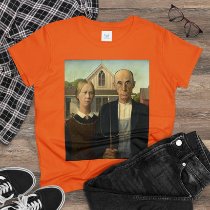 American Gothic by Grant Wood Women's Midweight Cotton Tee