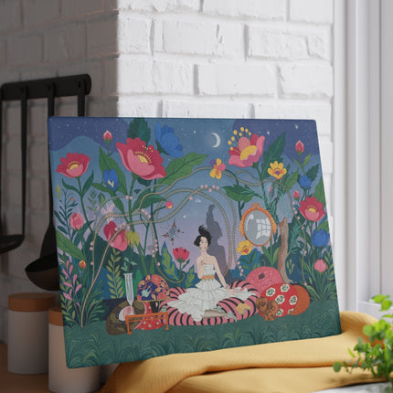 🌙🌺 The Moonlit Garden Reverie Glass Cutting Board – Art Deco Floral Fantasy