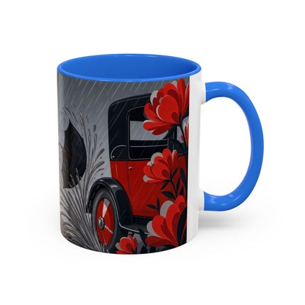 ☔🌹 The Scarlet Rainstorm Promenade Colorful Mug – Art Deco Motoring Elegance