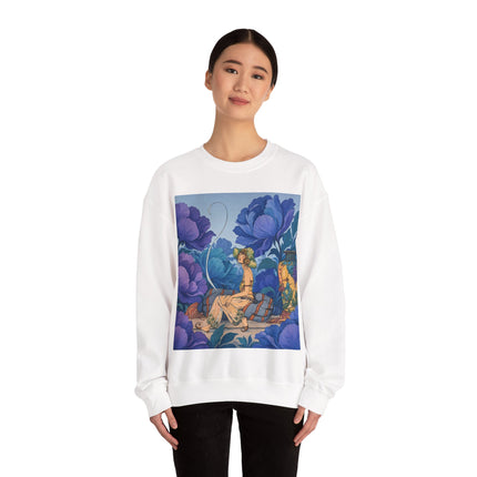 💙🌸 The Lady Among The Blue Blossoms Crewneck Sweatshirt – Art Deco Floral Reverie