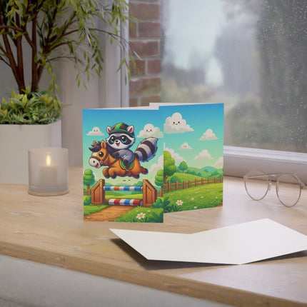 🦝🐴 The Little Raccoon Horse Jumper Greeting Card – Whimsical Animal Adventure