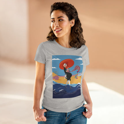 Beachside Promenade Women's Midweight Cotton Tee – Summer Glamour & Coastal Joy