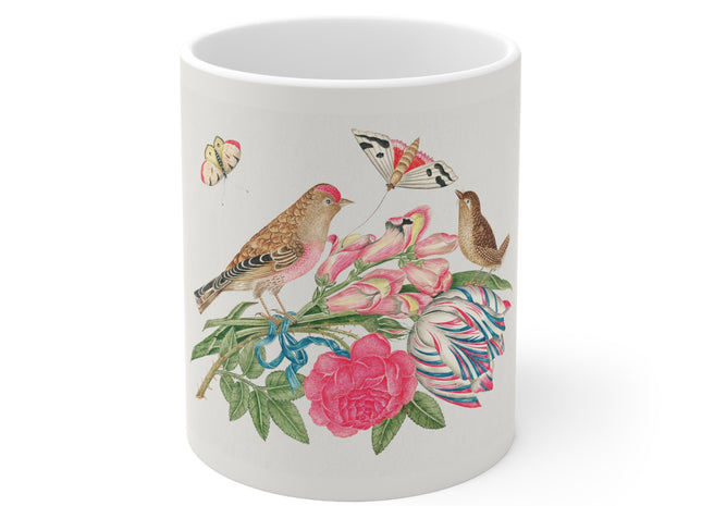 Pair of Brown Birds on Bouquet with Tulip, Rose, Snapdragons, and Butterflies by Anonymous Ceramic Mug 11oz