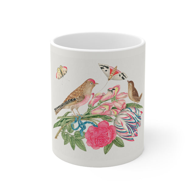 Pair of Brown Birds on Bouquet with Tulip, Rose, Snapdragons, and Butterflies by Anonymous Ceramic Mug 11oz
