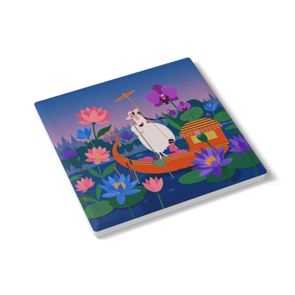 🪷🛶 The Lady Of The Lotus Lake Ceramic Coaster – Art Deco Garden Voyage