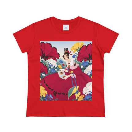 ❤️🌺 The Scarlet Garden Storybook Cotton Tee – Art Deco Floral Elegance