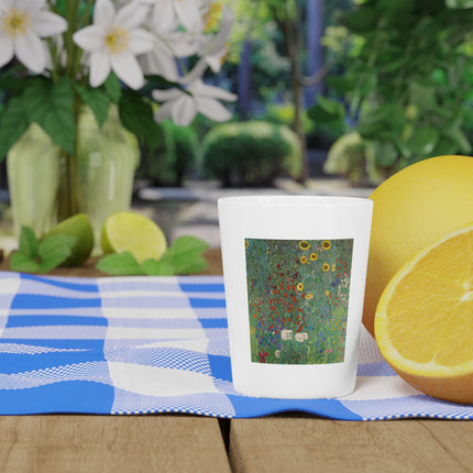 Farm Garden with Sunflowers by Gustav Klimt Ceramic Shot Glass