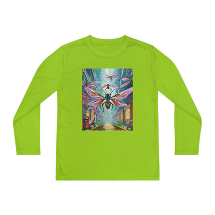 Neon Swarm Youth Long Sleeve Competitor Tee – Cyberpunk Flight & Futuristic Energy