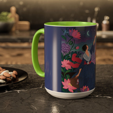 The Lady And The Morning Song Colorful Mugs – Art Deco Botanical Elegance