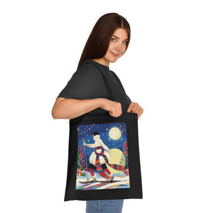 🎿🌙 The Moonlit Christmas Skier Cotton Tote Bag – Art Deco Holiday Adventure