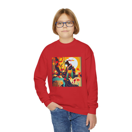 Black Cat in Kimono Youth Crewneck Sweatshirt