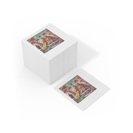 Cherry Blossom Courtesans & Crimson Crab White Coined Napkins – Imperial Elegance & Playful Charm