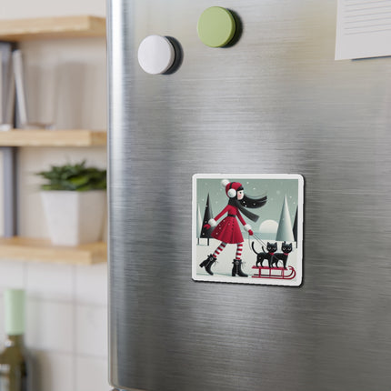 Red Sled & Curious Cats Die-Cut Magnets (5 Sizes)