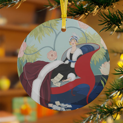 💌🌹 The Lady Of The Scarlet Chaise Glass Ornament – Art Deco Romantic Elegance