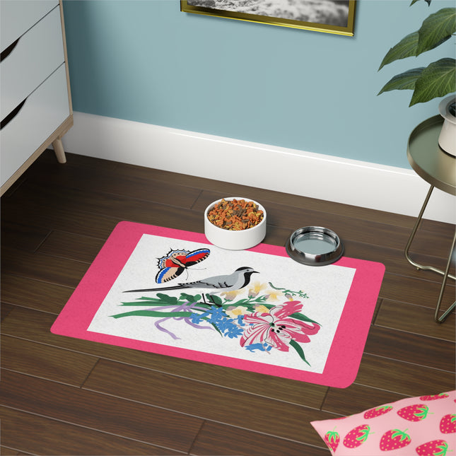 Magpie & Butterfly Garden Pet Food Mat – Pink Blossom Perch