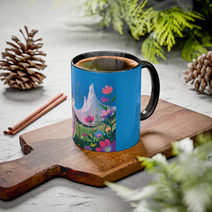 The Lady And The Moonlit Peak Colorful Mugs – Art Deco Alpine Garden Elegance