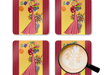 Elegant Holiday Woman with Gifts Corkwood Coaster Set
