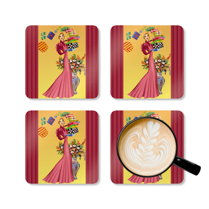 Elegant Holiday Woman with Gifts Corkwood Coaster Set