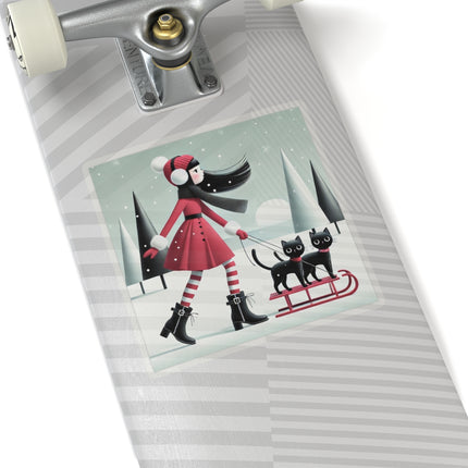 Red Sled & Curious Cats Kiss-Cut Stickers (4 Sizes)