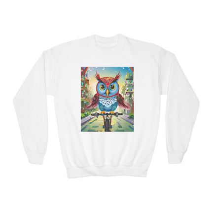 Cycling Owl Youth Crewneck Sweatshirt – Urban Adventure & Playful Motion
