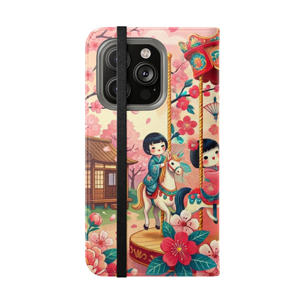 🎠🌸 Geisha Kitten's Enchanted Carousel Flip Case – Whimsical Dreams & Cherry Blossom Magic