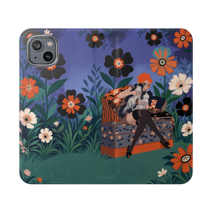 🌺🐈 The Lady Of The Midnight Garden Cat Flip Case – Art Deco Floral Fantasy