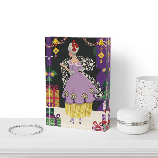 🎁✨ The Lavender Christmas Masquerade Acrylic Art Block – Art Deco Holiday Fantasy