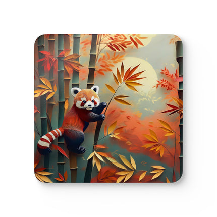Red Panda at an Autumn Bamboo Grove Corkwood Coaster Set
