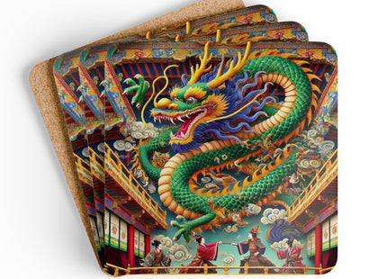 Tibetan Dragon Over Kabuki Duel Corkwood Coaster Set