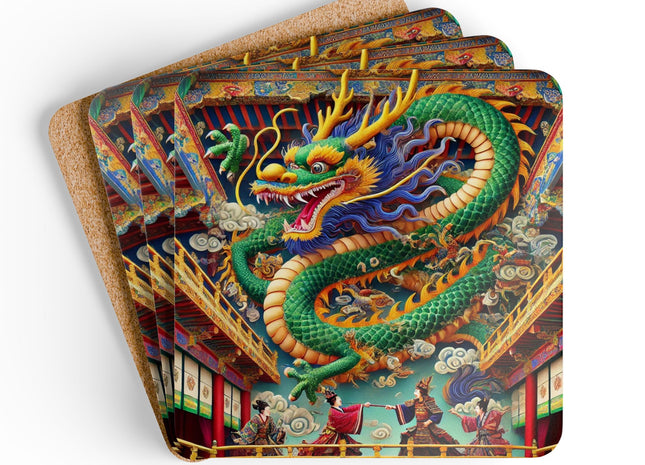 Tibetan Dragon Over Kabuki Duel Corkwood Coaster Set