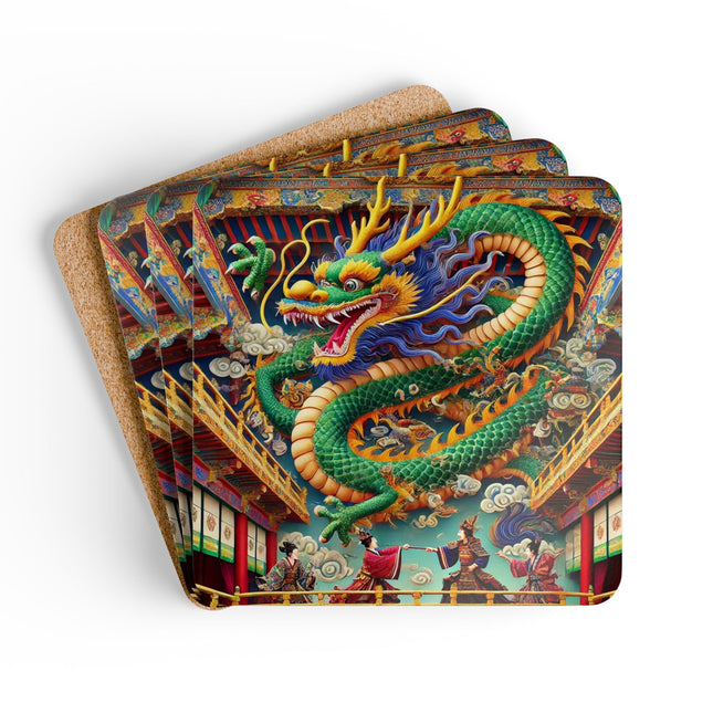 Tibetan Dragon Over Kabuki Duel Corkwood Coaster Set