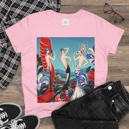 🌹🎭 The Three Ladies Of The Floral Promenade Cotton Tee – Art Deco Fashion Elegance