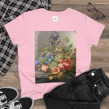 Still Life With Flowers, Fruit, A Great Tit And A Mouse by Herman Henstenburgh Women's Midweight Cotton Tee