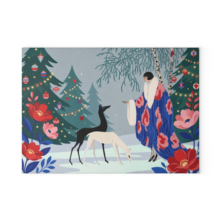 🦌🌲 The Lady Of The Christmas Forest Glass Cutting Board – Art Deco Holiday Elegance
