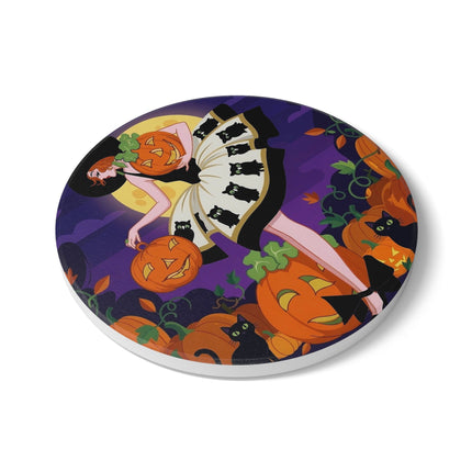 🐈‍⬛🎃 The Black Cat Pumpkin Belle Ceramic Coaster – Vintage Halloween Charm
