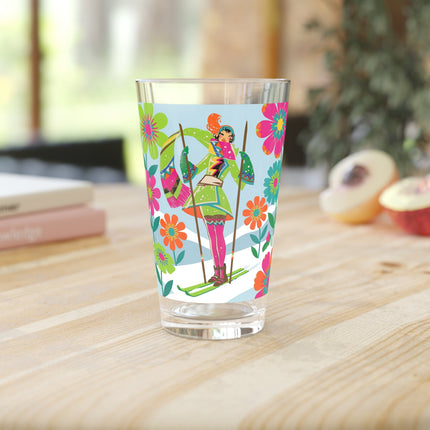 🎿🌸 The Winter Flower Adventurer Pint Glass – Colorful Ski Fantasy