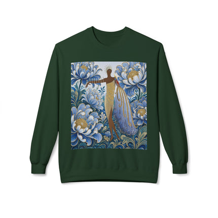 💙✨ The Lady Of The Gilded Blue Blossom Garden Midweight Crewneck Sweatshirt – Art Deco Floral Elegance