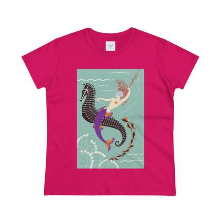 Mermaid on Seahorse Women's Midweight Cotton Tee – Dreamy Ocean Fantasy