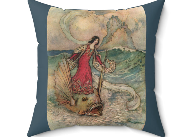 Rita Rides on the Dolphin by Warwick Goble Spun Polyester Square Pillow