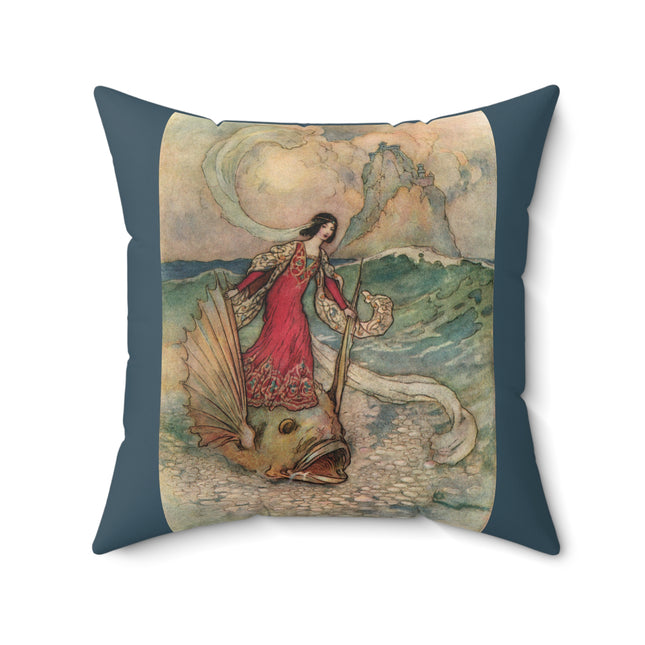 Rita Rides on the Dolphin by Warwick Goble Spun Polyester Square Pillow